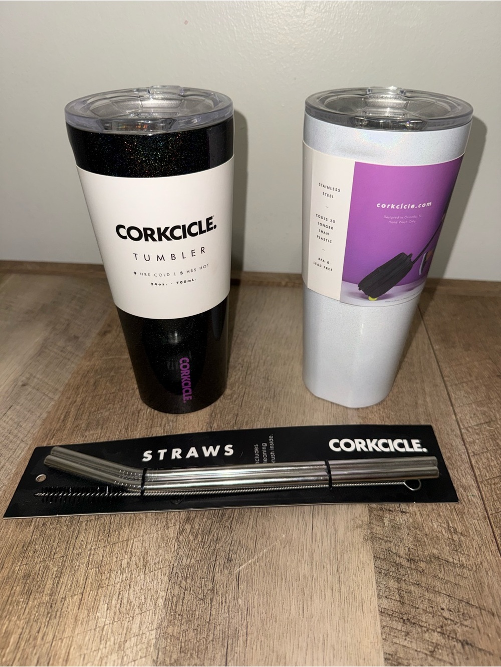 Corkcicle Tumbler Set - Sparkly Dark Purple & Sparkly White w/Stainless Straws